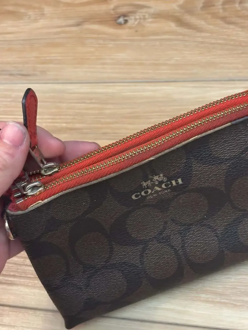 Coach Double Corner Zip Wristlet Wallet in Signature Canvas Brown and Red Trim